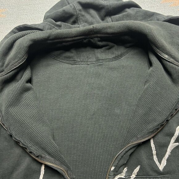 Vintage y2k waffle knit thermal lined hoodie full zip hand painted black large - Picture 4 of 5